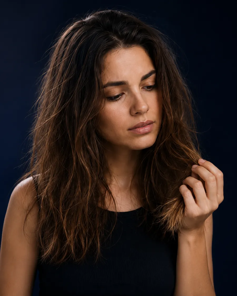 Cliente com cabelo opaco e desalinhado representando a identificação com a dor